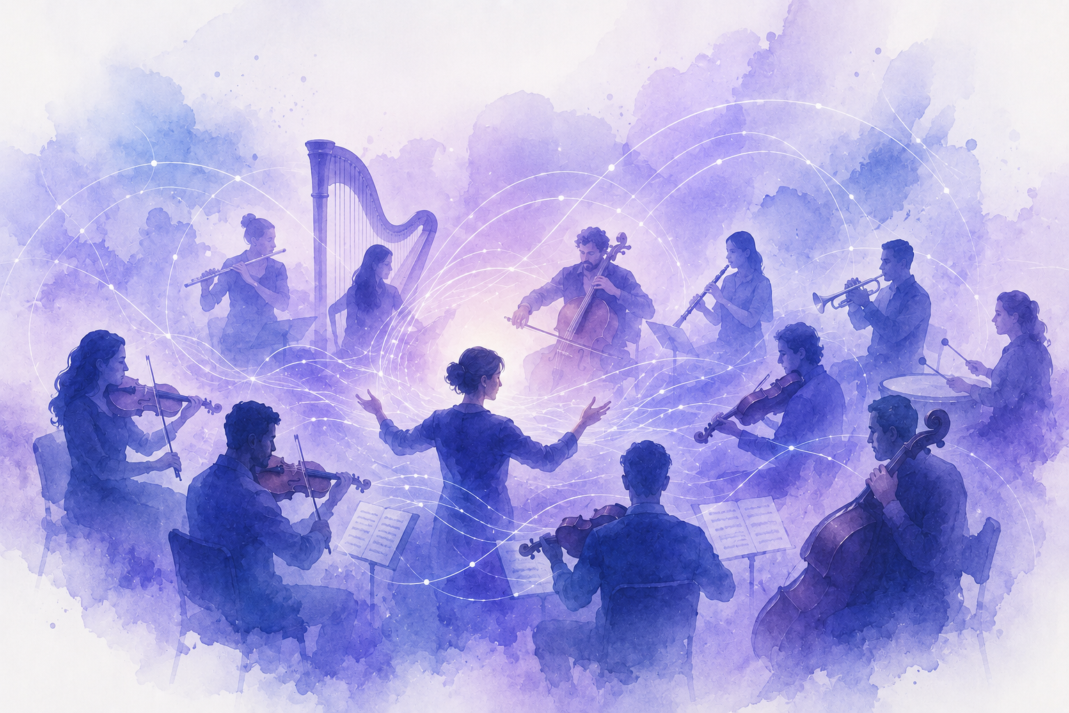 Abstract watercolor-style illustration in Senscio purple and blue tones suggesting coherence as in a musical ensemble.