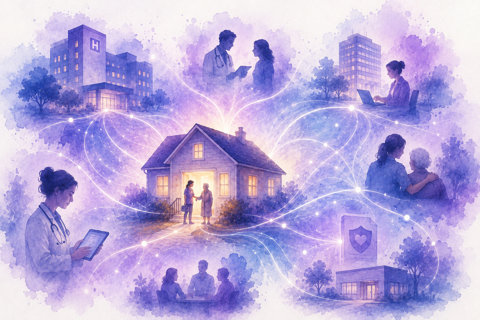 Abstract watercolor-style illustration in Senscio purple and blue tones suggesting a home as the entry point into a connected care network.