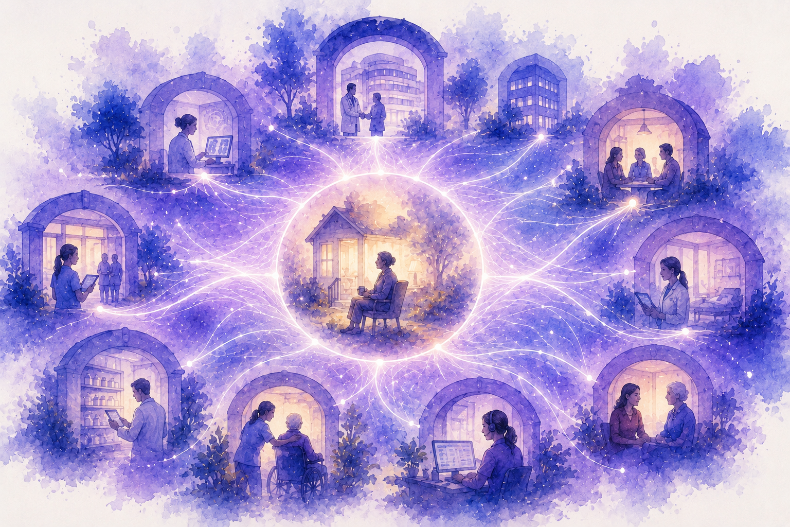 Abstract watercolor-style illustration in Senscio purple and blue tones suggesting distributed care organizations connected by a shared operating system around one person.