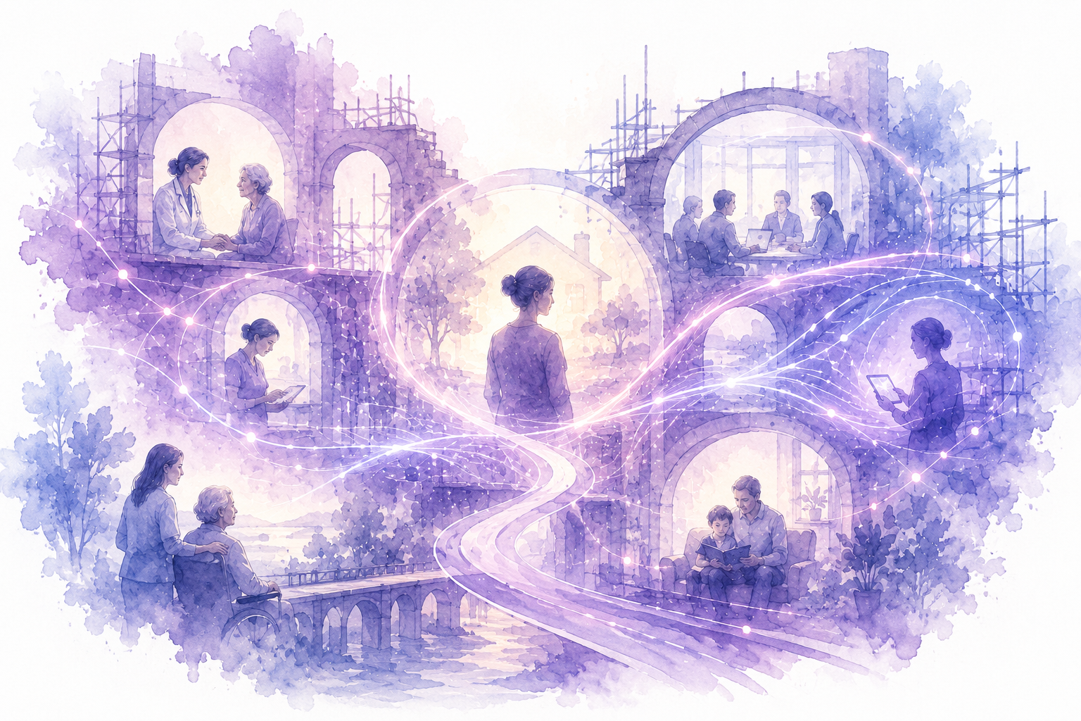Abstract watercolor-style illustration in Senscio purple and blue tones suggesting continuity of care across time, people, home, clinicians, and intelligent systems.
