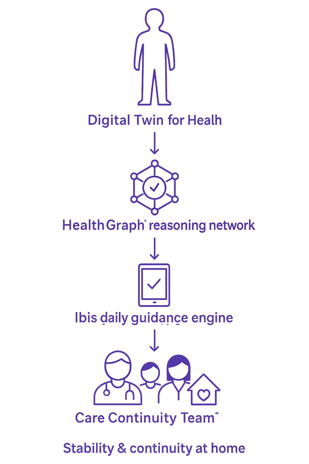 Digital Twin for Health™, HealthGraph™, and Ibis™ working together with the Care Continuity Team™